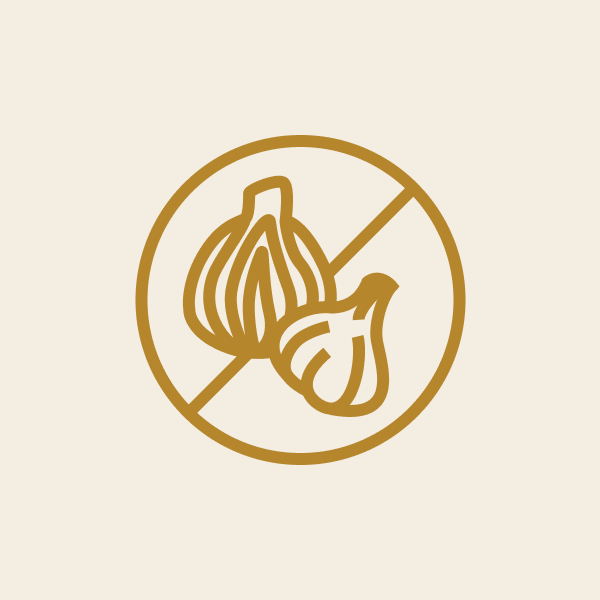 Icon of garlic bulbs and onions with a prohibition symbol on a beige background