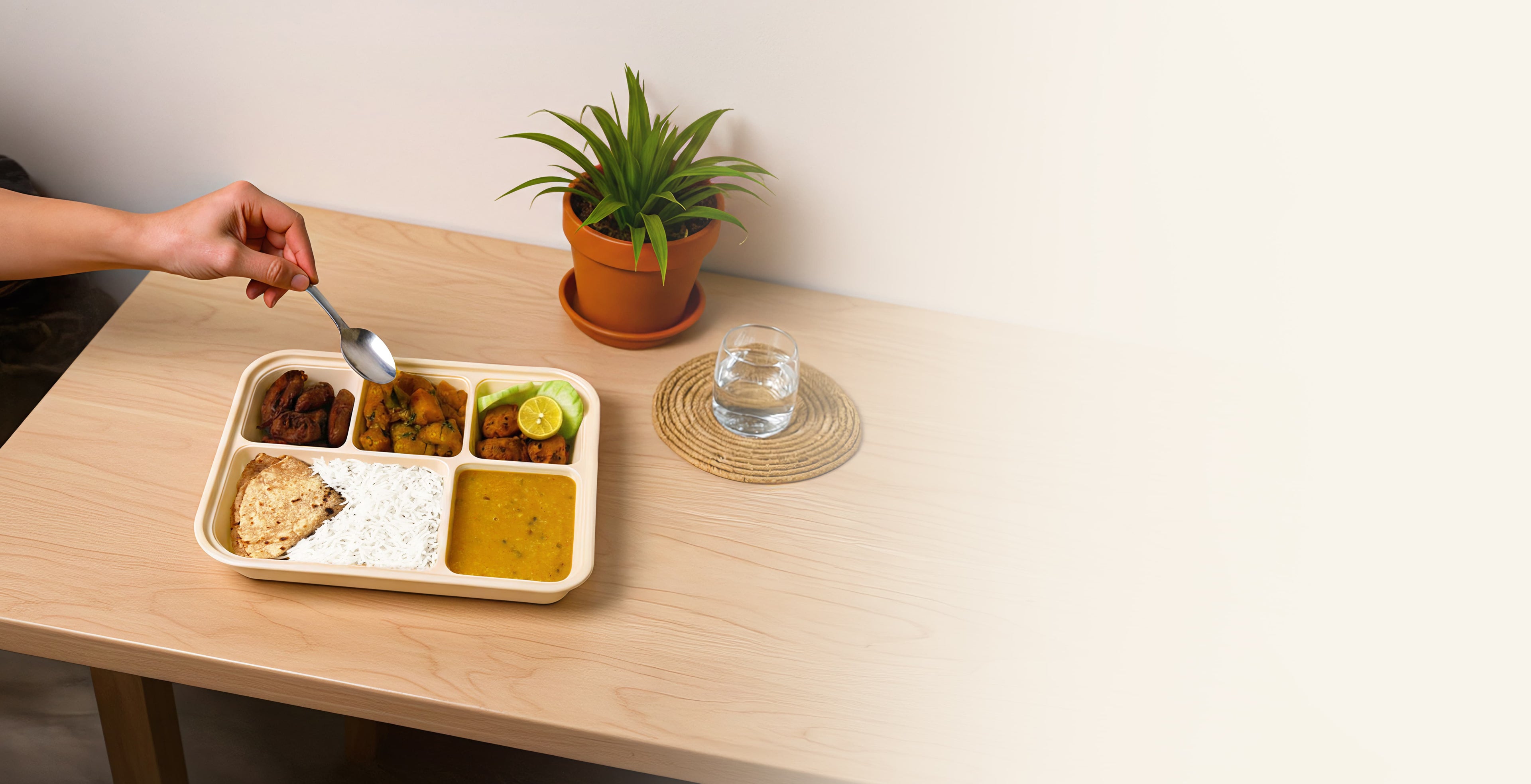 Person using a spoon to eat from a divided plate of 28 thali meal on a wooden table with a plant and glass of water in the background.